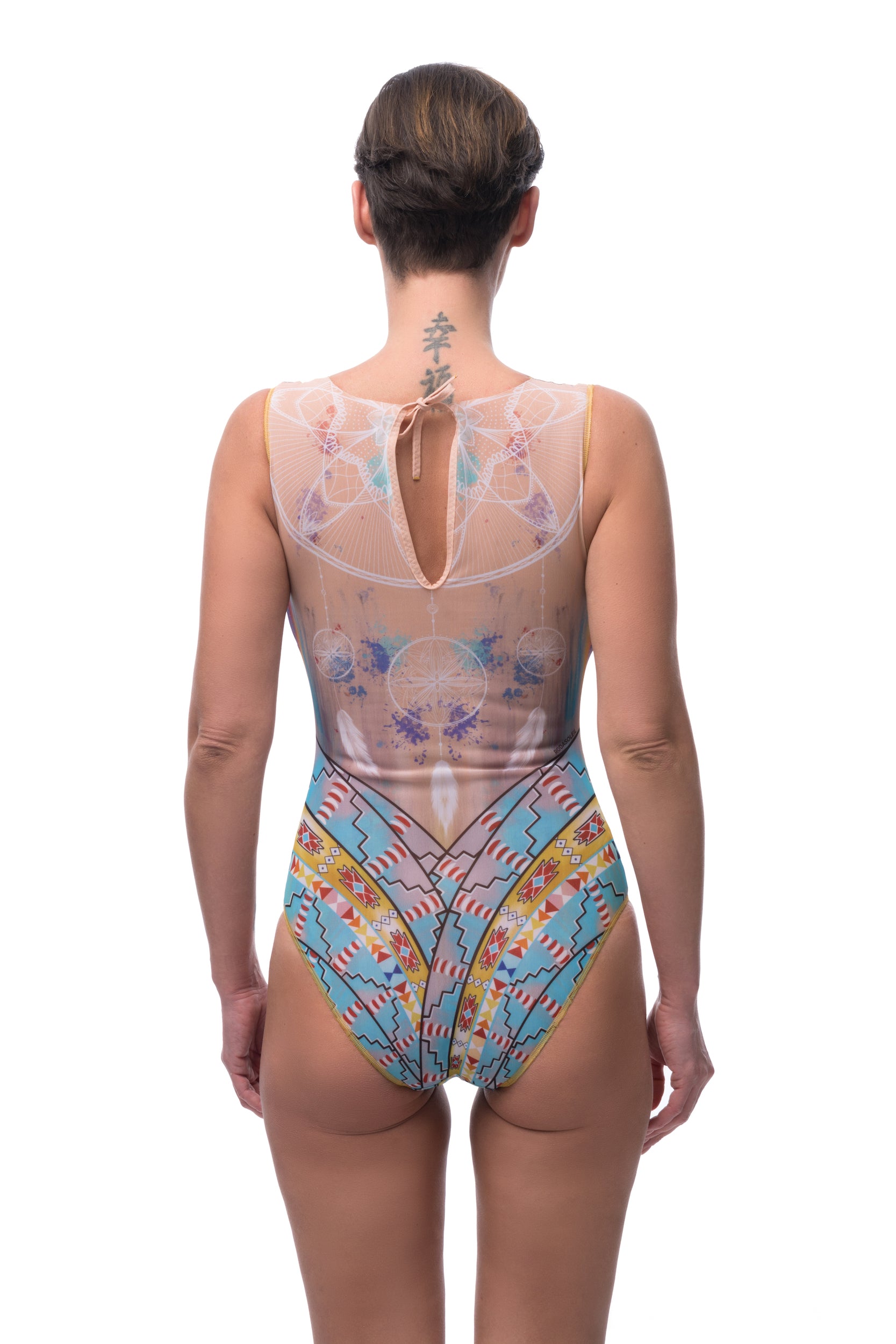 This file introduces a collection of luxury smart swimsuits featuring the iconic dreamcatcher print. With tan-through fabric and SPF 35 protection, these sleeveless one-pieces offer sophistication and style for summer