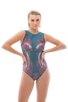 Explore innovative sustainable tan-through smart swimsuits adorned with the elegant Swans print in this file. Featuring a sleeveless one-piece design, it offers signature sophistication for beachwear