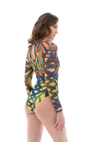 This file showcases sustainable tan-through smart swimsuits featuring the tropical Palms print. With a one-piece swimsuit design including sleeves, it exudes elegance and sophistication