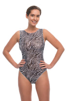 This file showcases sustainable tan-through smart swimsuits featuring a trendy Fake Zebra print. With sleeveless one-piece designs, they offer sun-safe sophistication.
