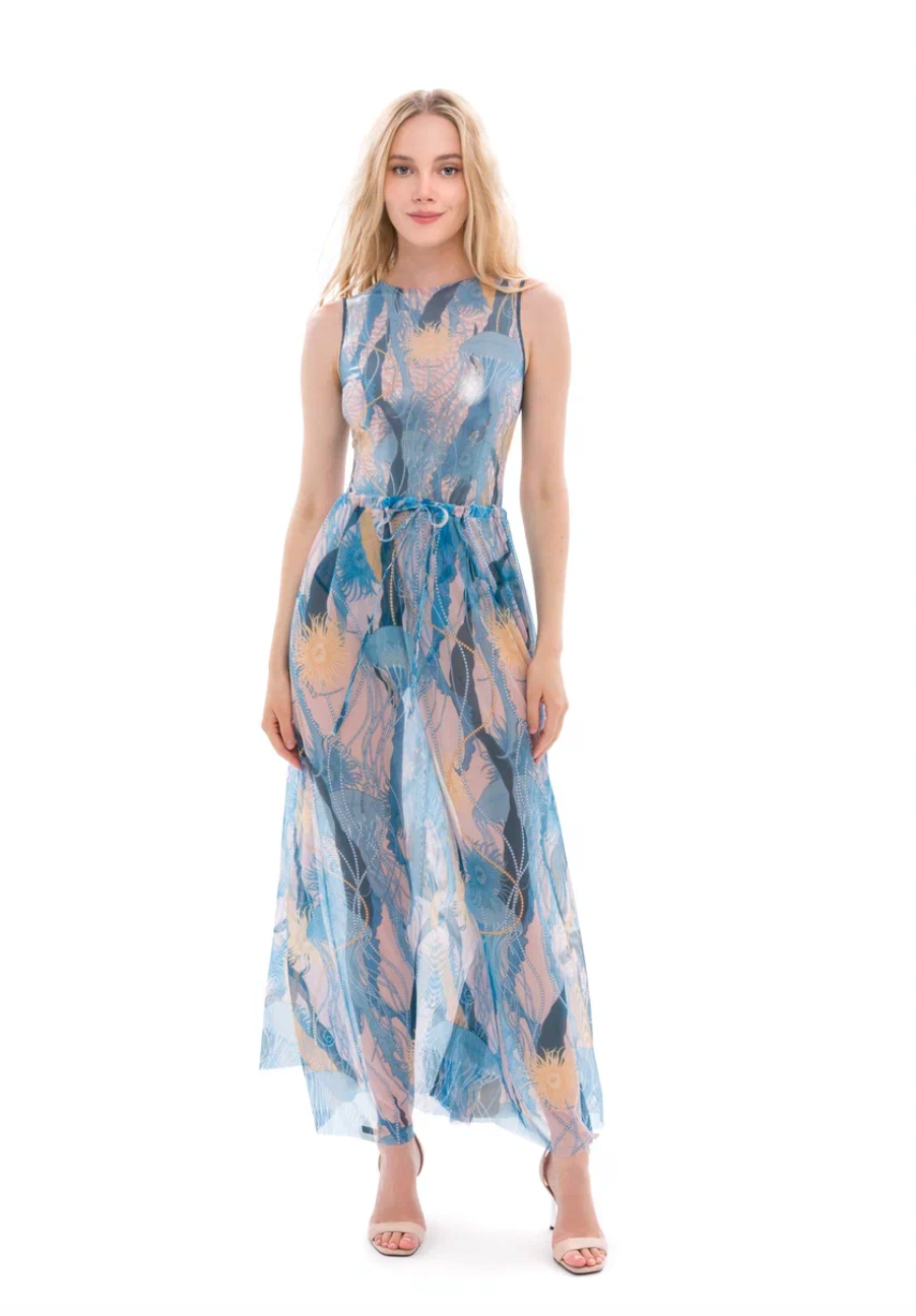 Explore sustainable tan-through smart swimsuits adorned with a stylish Jellyfish print in this file. Featuring a beach skirt design, they offer both luxury and sun protection.