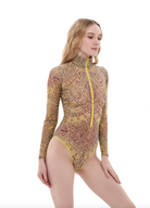 A text document describing a sustainable one-piece swimsuit with sleeves, zipper, and the Eldorado print, catering to individuals with visual impairments or low-bandwidth connections seeking eco-conscious swimwear choices