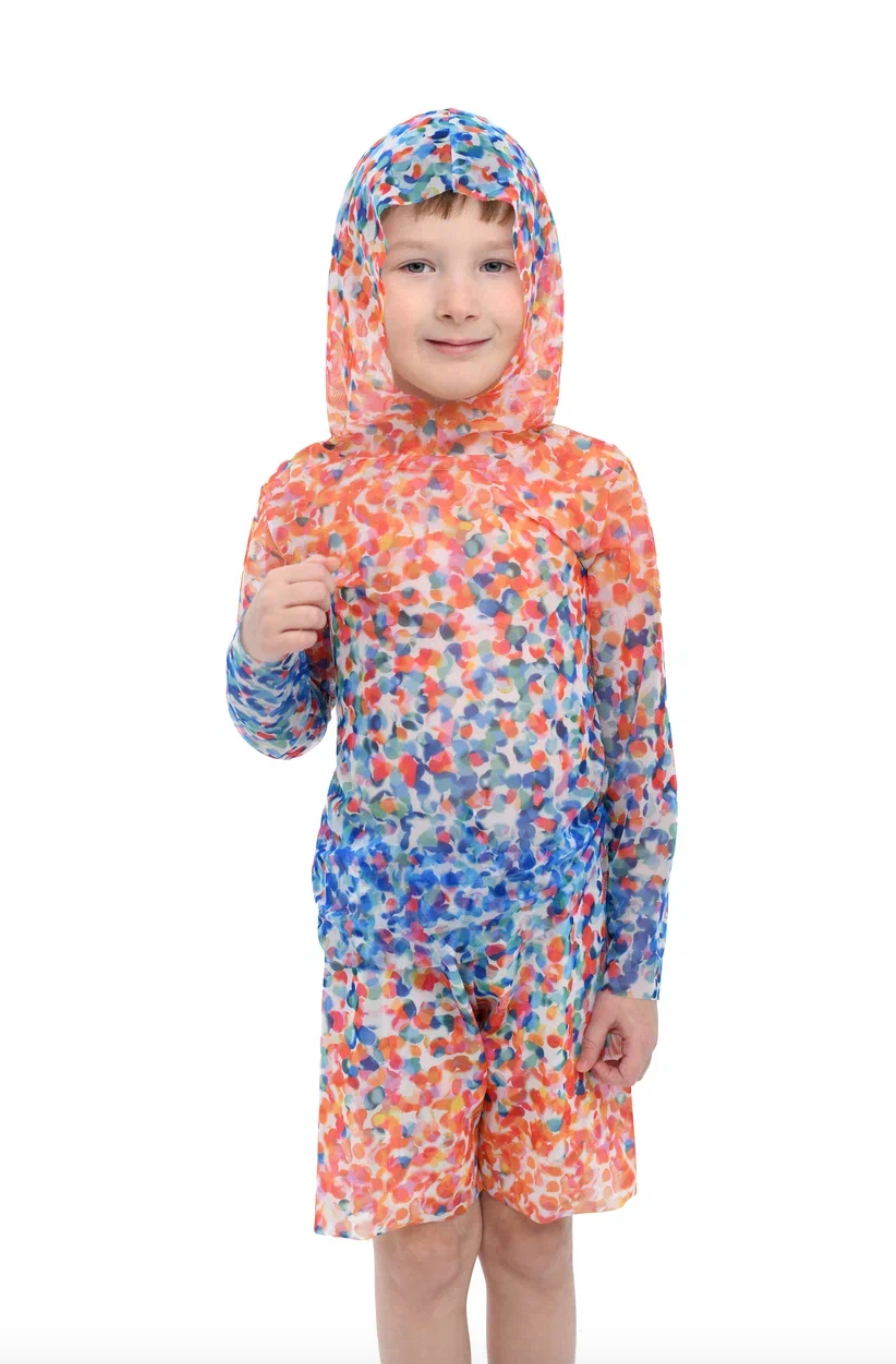 Explore our Confetti print Kid's Smart T-shirt and Shorts with SPF35 protection. This file highlights eco-friendly swimwear, combining classic luxury and safety to ensure your child enjoys stylish and secure beachwear. Shop now!