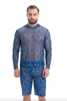 This file describes a SHELLS print Men's Smart T-shirt with and without Hood that is tan-through, innovative, and sustainable. It offers SPF protection and classic luxury for modest fashion. Shop now!