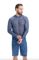 This file contains a description of a tan-through, sustainable Men's Smart T-shirt with and without Hood in SHELLS print. It provides innovative SPF protection and classic luxury for modest fashion. Shop now!