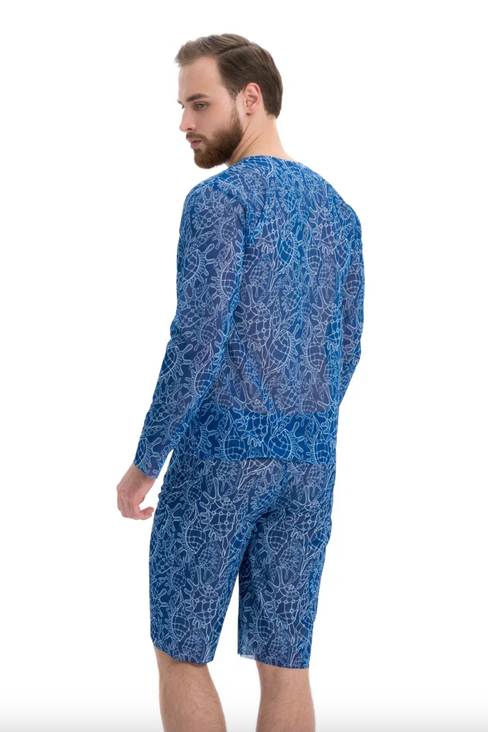 This file describes SHELLS print Men's Smart Swim Trunks Bermudas that are tan-through, innovative, and sustainable. They offer classic luxury for modest fashion. Shop now!