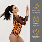 This file contains information about tan-through t-shirts featuring a leopard print design. These shirts offer SPF15 protection and embody classic luxury with their sustainable and stylish design.