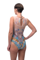 This file presents luxury smart swimsuits featuring the iconic dreamcatcher print. With tan-through fabric and SPF 35 protection, this sleeveless one-piece offers sophistication and style for summer